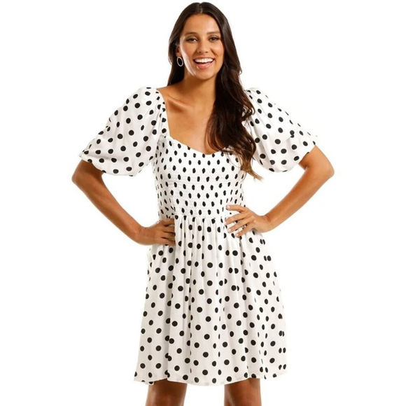Faithfull The Brand Ilaria France Dot Puff Sleeve Mini Dress Size XS/US 2 - Picture 1 of 8